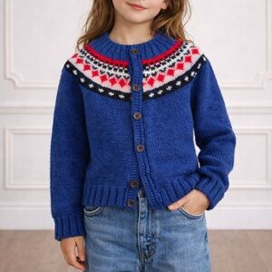 Hand Knit Wool Cardigan Fair Isle Girls Size 10 Blue Navy Red